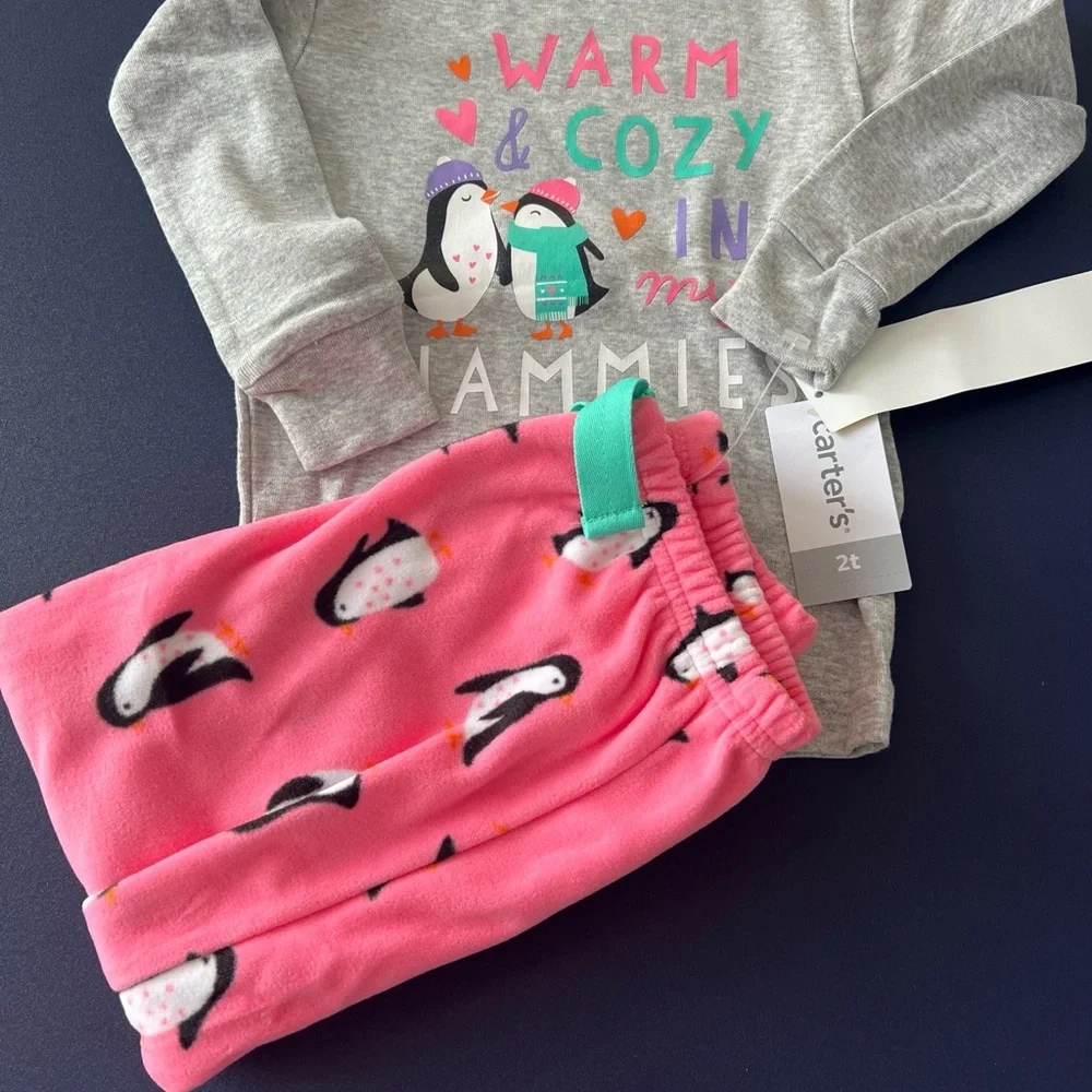 Carter's Toddler Girl 2-Piece Penguin Matching Cotton &‎ Fleece PJs Size 2T